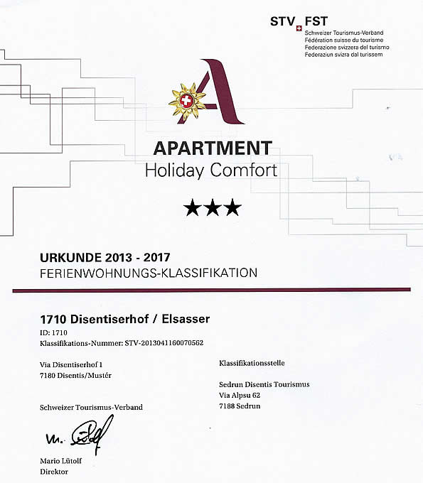 Zertifikat der Ferienwohnung Elsasser Disentiserhof